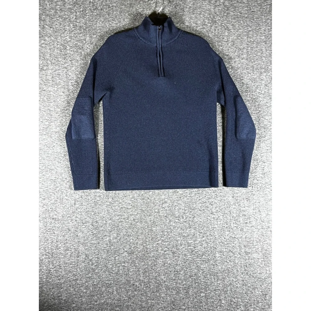 Banana Republic Mens Large Navy Blue Ribbed Quarter Zip Sweater Elbow Patches